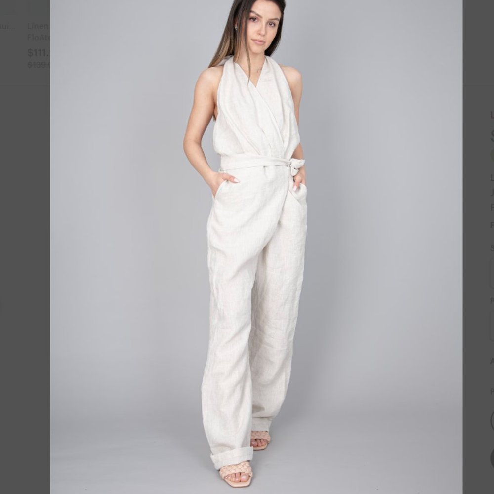 Flo Atelier Loose Linen Jumpsuit Wrap Halter Sleeveless Handmade Medium/Large